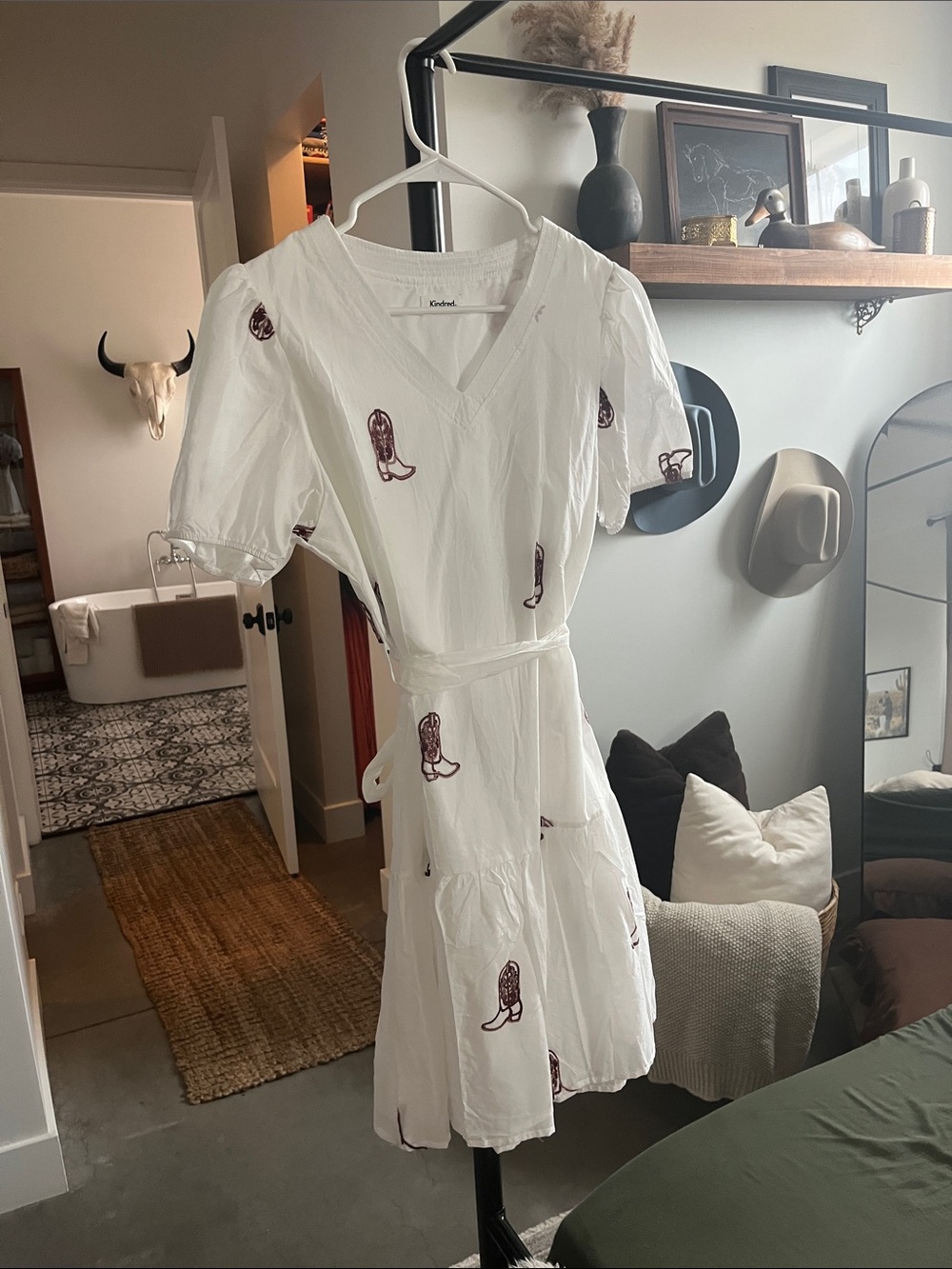 Anthropologie White Mini Dress with Burgundy Boot Motif